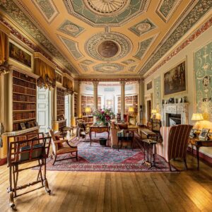 A beautiful photograph of an interior at Newby Hall. There are large windows to the left, which cast a mellow light across a wooden floor in the foreground. Plaster reliefs are shown on the walls and the celilings. These are similar to a Wedgewood design - painted in a duck egg blue with cream detailing. There is a wooden bookcase on the left wall between the windows, a fireplace on the right hand wall and comfortable chairs further up the room in the distance.
